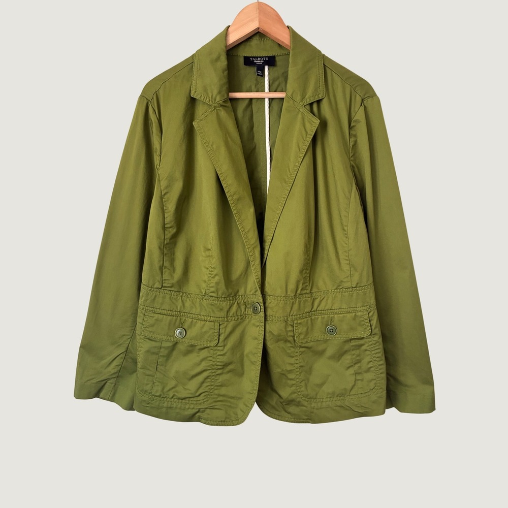 Talbots Woman Olive Green Cotton Blend  Blazer Jacket Size 14W Minimalist